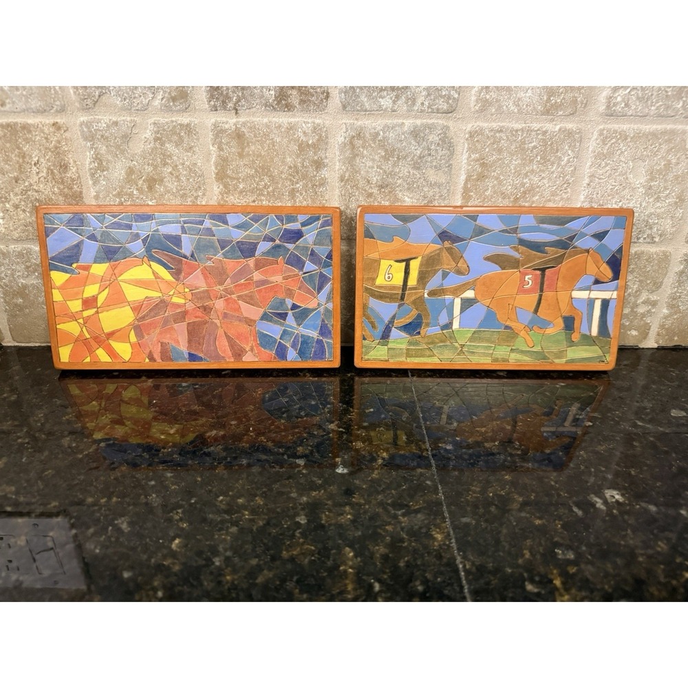 Wooden Horse Wall Hanging Plaque Art Equestrian Western Kentucky Derby Set Of 2